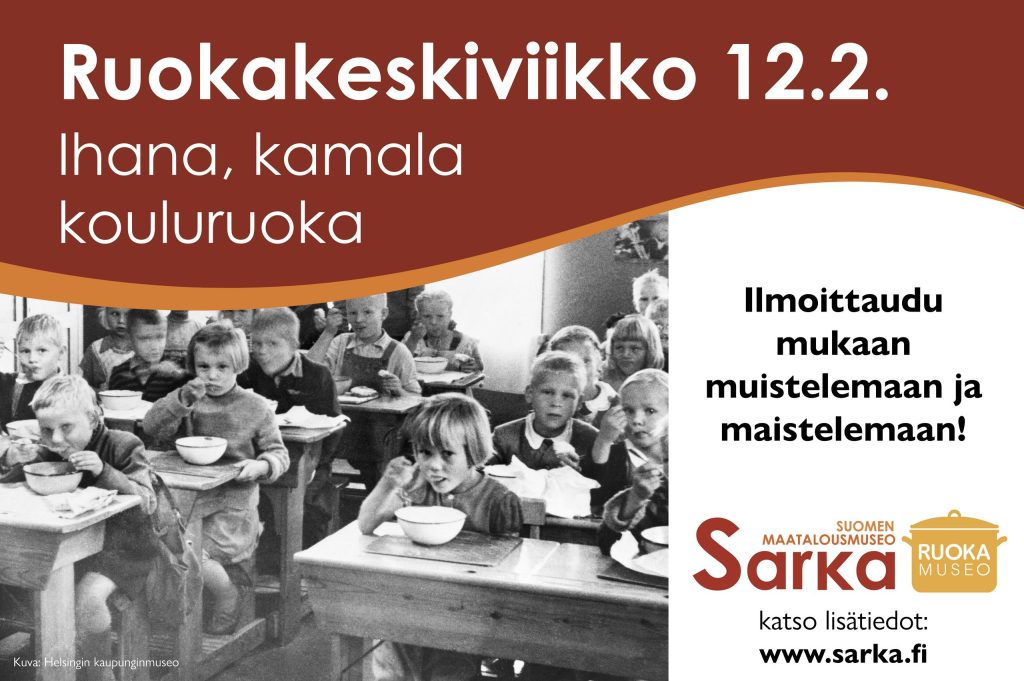 Helmikuun Ruokakeskiviikon mainos: Ihana, kamala kouluruoka 12.2., mustavalkoinen kuva ruokailevista koululaisista