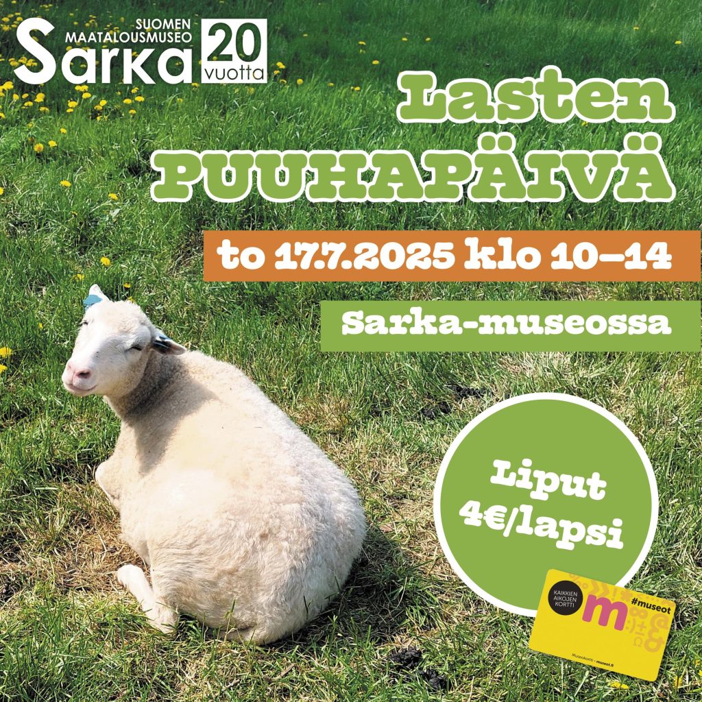 Puuhapäivä to 17.7.2025 klo 10–14 Sarka-museossa, liput 4 €/lapsi; kuvassa lammas